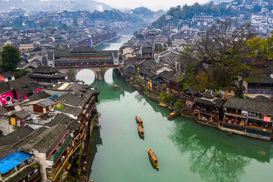 Amazing aerial view of Fenghuang acient town in Hunan, China