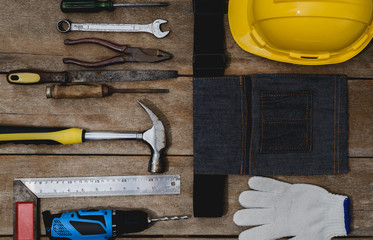 old instruments constructor or renovation for build and repair house on wooden background