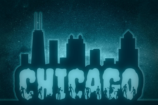 Chicago city name and zombie silhouettes on them. Halloween theme sticker. Building silhouettes. Elements of this image furnished by NASA. Deep space with stars and nebula