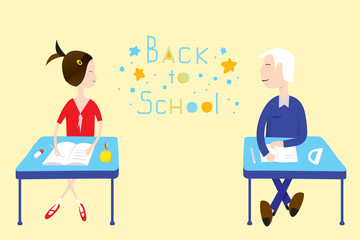 schoolboy and schoolgirl sitting at desks, watching and smiling at each other - back to school concept