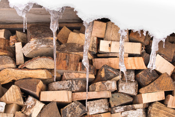 Big funny icicles hanging from the roof. Close up