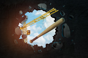 3d rendering of construction crane and baseball bat breaking black wall