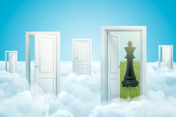 3d rendering of white clouds with open doorways and black chess king on blue background