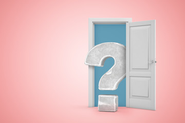 3d rendering of white open doorway with grey concrete question mark on light pink background