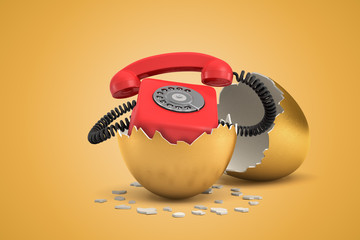 3d rendering of red retro telephone hatching out of golden egg on yellow background