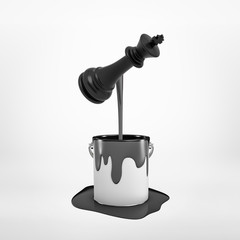3d rendering of black paint pouring from black chess king into silver metal paint bucket isolated on white background