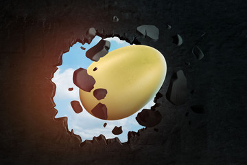 3d closeup rendering of golden egg breaking hole in black wall with blue sky seen through hole.