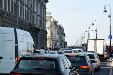 traffic jam on the Palace embankment in St. Petersburg