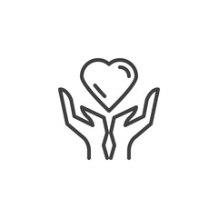 Heart care line icon. linear style sign for mobile concept and web design. Heart in hands outline vector icon. Charity and donation symbol, logo illustration. Vector graphics