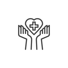 Heart care line icon. linear style sign for mobile concept and web design. Hands hold medical heart outline vector icon. Charity and donation symbol, logo illustration. Vector graphics