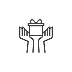 Hands with gift box line icon. linear style sign for mobile concept and web design. Present box in hand outline vector icon. Symbol, logo illustration. Vector graphics