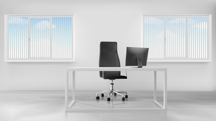 Empty office room interior, workplace with desk, turning seat and computer on table, inner design in white colors, windows covered with jalousie, boss working place. Realistic 3d vector illustration