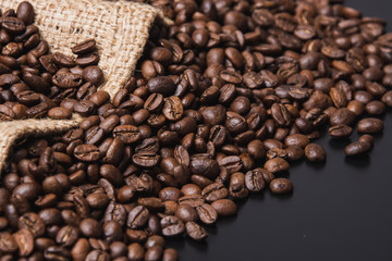 close up coffee beans on black background 