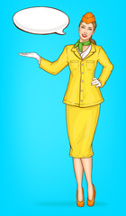 Pop art stewardess, flight attendant, air hostess girl in yellow uniform with cap, green handkerchief and speak cloud. Airline ad campaign, vector Illustration on blue background in retro comic style