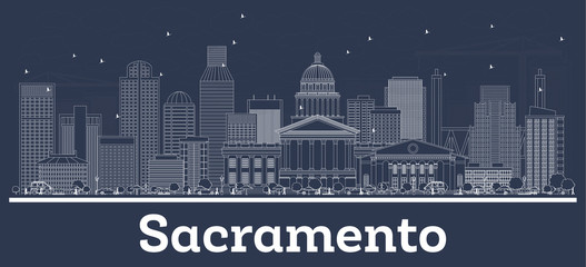 Outline Sacramento California City Skyline with White Buildings.