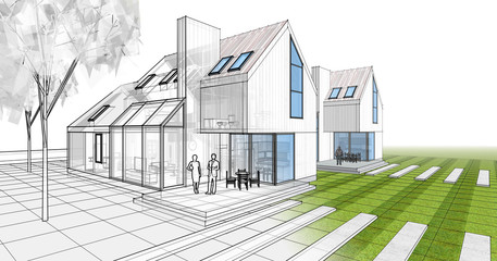 townhouse, architectural sketch, 3d illustration