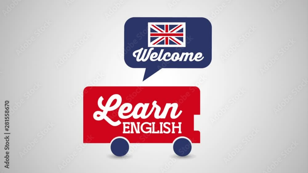 Poster school bus with british flag learn english animation