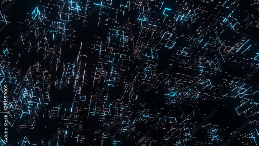 Poster seamless loop. camera pan across neon glow led dots and lines, traversing and navigating inside abst