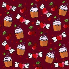 Cute seamless pattern Valentines day hand drawing on a white background. Symbol of the day of love with hearts, cherries and cupcake. background for cards, paper wrapper 