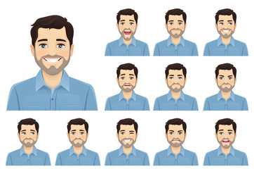 Handsome bearded man with different facial expressions set vector illustration isolated