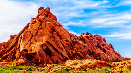 Red Aztec Sandstone Mountains under Blue Sky at the Mouse's Tank Trail in the Valley of Fire State Park in Nevada, USA