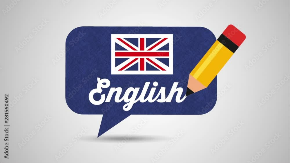 Poster speech bubble with british flag learn english animation