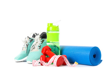 Healthy lifestyle accessories isolated on white background