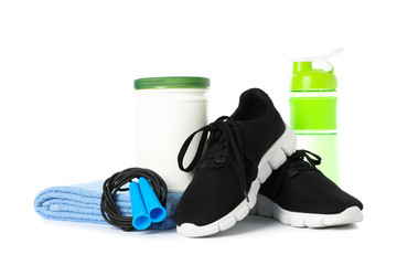Healthy lifestyle accessories isolated on white background