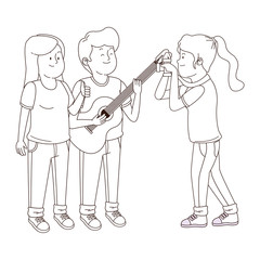 Teenagers friends smiling and having fun in black and white