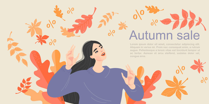 Symbolic image of the autumn sale with a happy girl on a background of leaf fall