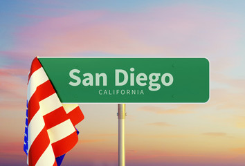 San Diego – California. Road or Town Sign. Flag of the united states. Sunset oder Sunrise Sky. 3d rendering