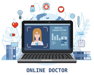 Online doctor women healthcare concept icon set. Doctor videocalling on a laptop