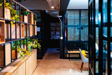 Empty hallway at an office with bookshelfs and plants