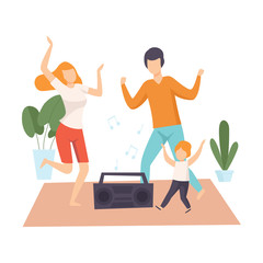 Mother, Father and Son Dancing Together, Parents and Their Son in Everyday Life at Home Vector Illustration