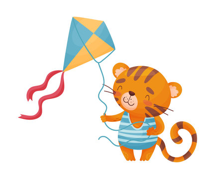 Humanized tiger with a kite. Vector illustration on white background.