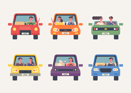 Many people enjoy the drive. Front view. flat design style minimal vector illustration.
