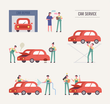 Mechanics and customers at car repair shops. Automobile maintenance process. flat design style minimal vector illustration.