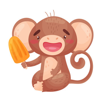 Humanized monkey with ice cream. Vector illustration on white background.