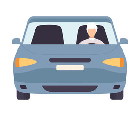 Gray Car with Male Driver, Front View Vector Illustration