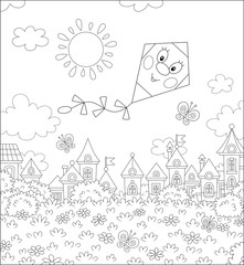 Funny kite flying with cheerful butterflies over toy houses of a small town on a sunny summer day, black and white vector illustration in a cartoon style for a coloring book