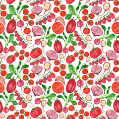 Tomatoes and cherry tomatoes with other red vegetables in the pattern.