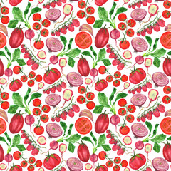 Tomatoes and cherry tomatoes with other red vegetables in the pattern.
