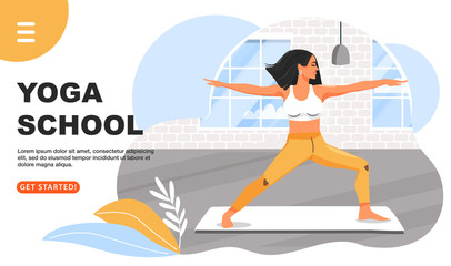 Healthy lifestyle and yoga concept. Sporty woman practicing yoga. Girl doing virabhadrasana warrior yoga pose. Fitness class. Website landing page design template. Cartoon vector illustration.