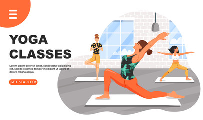 Healthy lifestyle and yoga concept. Sporty women practicing yoga. Girls doing various yoga poses. Fitness class. Website landing page design template. Cartoon vector illustration.