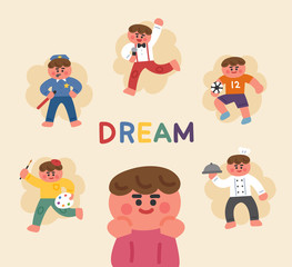 A cute boy who dreams of future career. flat design style minimal vector illustration.