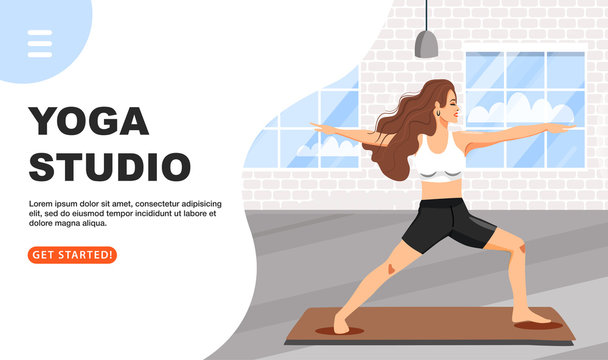 Healthy lifestyle and yoga concept. Sporty woman practicing yoga. Girl doing virabhadrasana warrior yoga pose. Fitness class. Website landing page design template. Cartoon vector illustration.