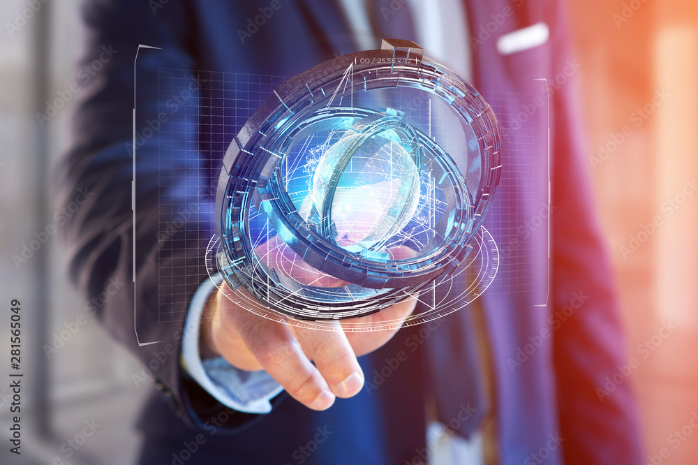 Poster hologram made of wheel with a futuristic data interface - 3d rendering