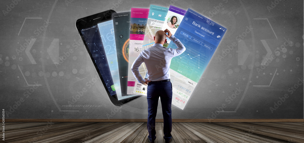 Poster businessman in front of a wall with mobile application template on a smartphone 3d rendering