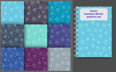 Set of vector seamless winter patterns of spirals, circles and dots on colorful backgrounds. For cover, wallpaper, background, scrapbooking use.