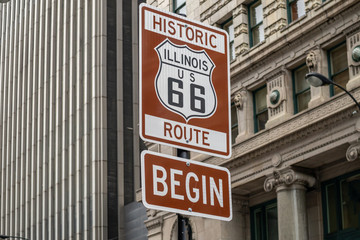 Route 66 Illinois Begin road sign, the historic roadtrip in USA